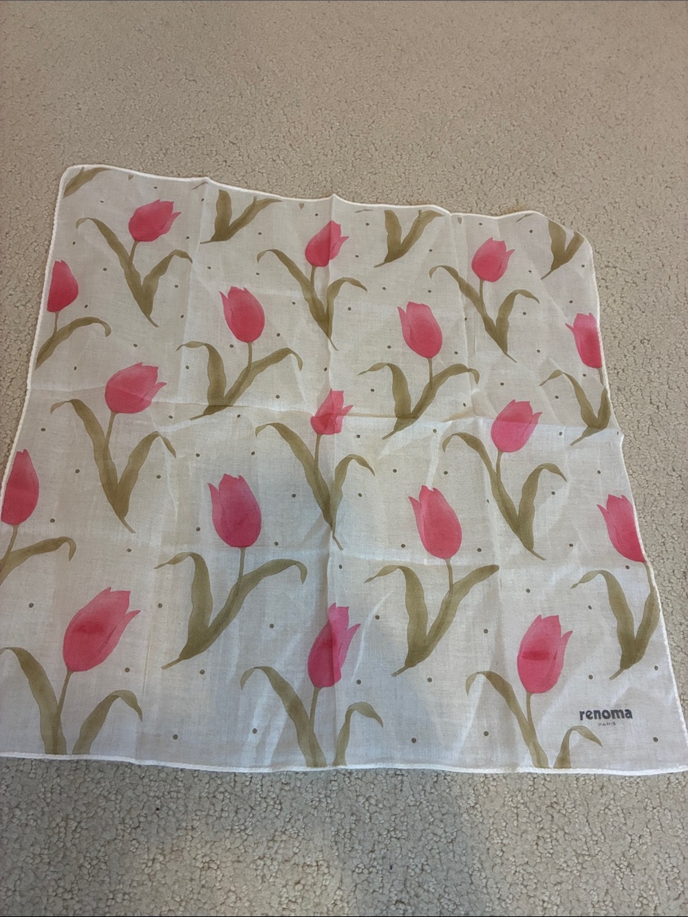 VTG Renoma Paris Pink Tulip Cotton Handkerchief Pocket Square👝